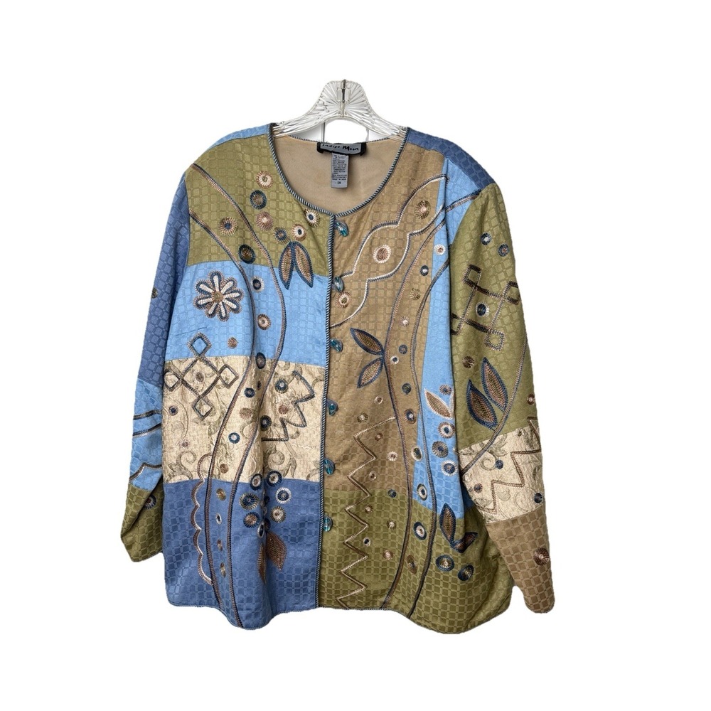 Indigo Moon Jacket Womens 1X Patchwork BOHO CHIC Toggles Artsy Hippie Embroidery